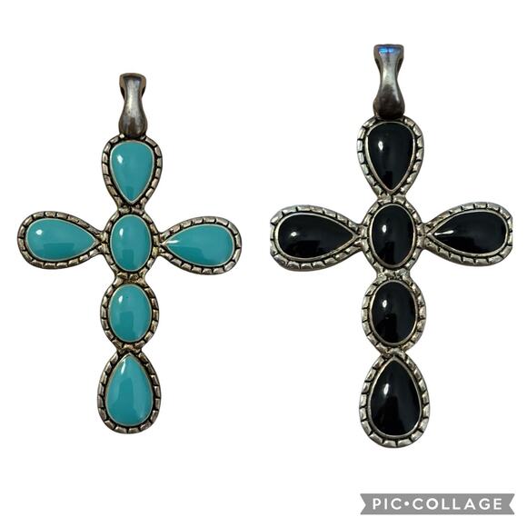Vintage Double-Sided Cross Black and Teal 2.75" Long - Picture 8 of 13